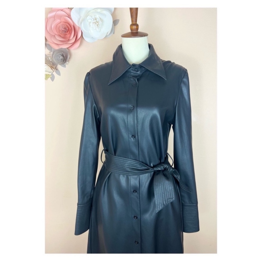 New! GRACIA Puff Sleeve Belted Faux Vegan Leather Trench Coat Midi Dress - Picture 5 of 11